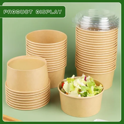 Miniatura 7 de Paquete de 50 recipientes de alimentos desechables de 33 onzas, cuencos redondos de papel kraft desechables con tapas para ensalada dietética