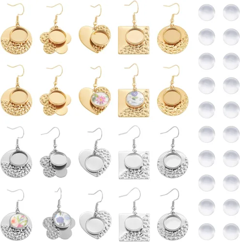 Miniatura 14 de FASHEWELRY 54Pcs Bandejas de bisel para pendientes de acero inoxidable en blanco Geometría rombos lágrima con cabujones de vidrio redondo de 12 mm