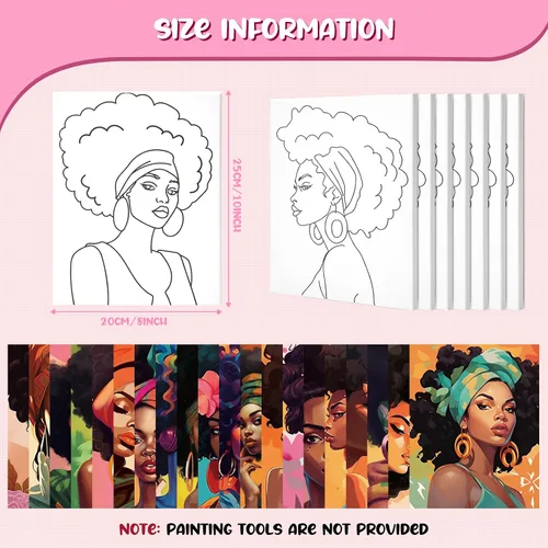 Miniatura 2 de Sherr 20 Piezas Lienzo Estirado Predibujado Arte Negro Reina Afro para Pintar para Adultos Contorno Predibujado Lienzo de Algodón Estirado
