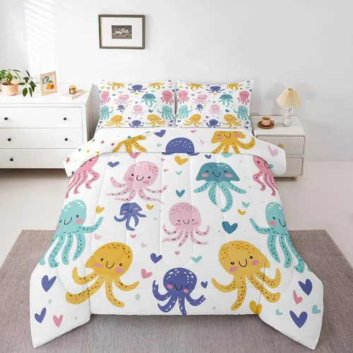 Miniatura 25 de Octopus - Juego de edredón para niños, tamaño matrimonial, nubes oscuras, olas del océano, juego de ropa de cama retro trippy decoración de Rojo