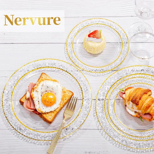 Miniatura 7 de Nervure 150 piezas de platos de plástico transparente con cubiertos martillados dorados que incluyen 25 platos de cena, 25 platos de postre, 25