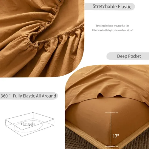 Miniatura 5 de MooMee Sábana bajera ajustable de solo 100% algodón lavado con textura parecida al lino, transpirable, duradera, suave, cómoda, bolsillo profundo