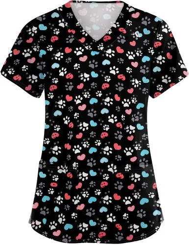 OIOLOYJM Camiseta médica estampada para mujer, cuello en V, manga corta, talla grande, uniformes de enfermería, camisas con bolsillos