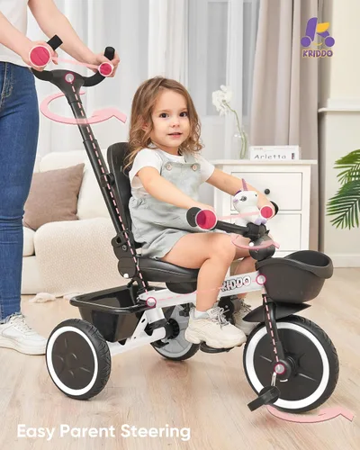 Miniatura 3 de KRIDDO Cochecito de triciclo 7 en 1 para niños pequeños de 18 meses a 5 años, mango de empuje ajustable, asiento giratorio, portavasos y toldo Blanco