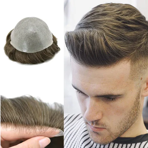 Miniatura 16 de Toupee para hombres pieza de pelo 0.002 in piel ultra fina para hombre Toupee cabello humano gris sistema de reemplazo para hombres sistema