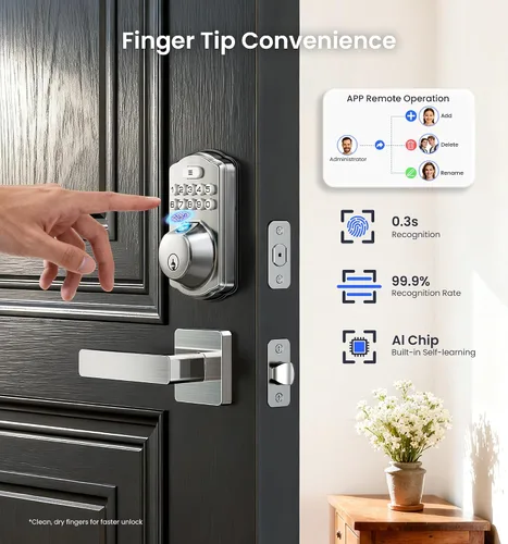 Miniatura 5 de Veise VE012W-L - Cerradura inteligente de huellas dactilares Wi-Fi integrada con juego de manija de palanca, control remoto de aplicación, entrada