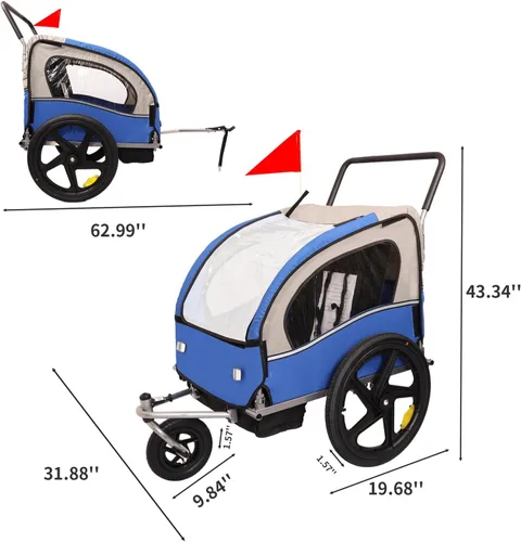 Miniatura 6 de Remolque y cochecito de bicicleta para niños de 2 asientos, remolque de bicicleta y cochecito 2 en 1 para 2 niños, plegable con rueda delantera
