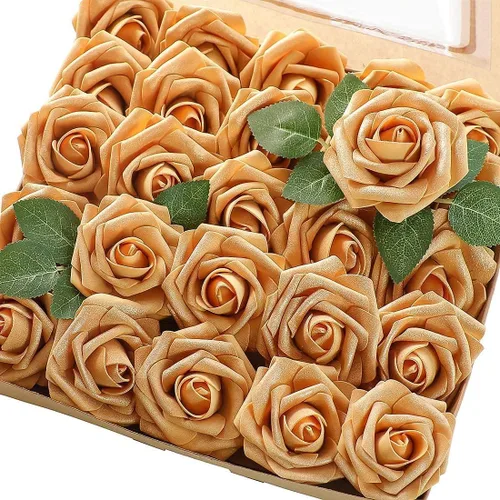 Miniatura 11 de Higfra Flores artificiales, 25 rosas falsas de espuma de aspecto real con tallos para ramos de boda, centros de mesa de despedida de soltera, Brillo