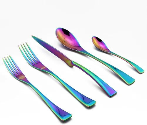 Miniatura 2 de Juego de cubiertos de arco iris colorido de 5 piezas, juego de cuchillos de cena de acero inoxidable 18/10, pulido de espejo, servicio para 1