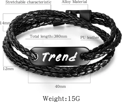 Miniatura 2 de GEAPRIE Pulsera de cuero personalizada con texto personalizado Pulsera de cuero PU para hombres de moda de tres capas, Cuero, Sin gemas.