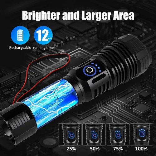 Miniatura 5 de Linterna recargable de 10000 lúmenes, IP67 impermeable 12H Runtime Batería recargable de 5000 mAh, 5 modos (alto/medio/bajo/estroboscópico/SOS)