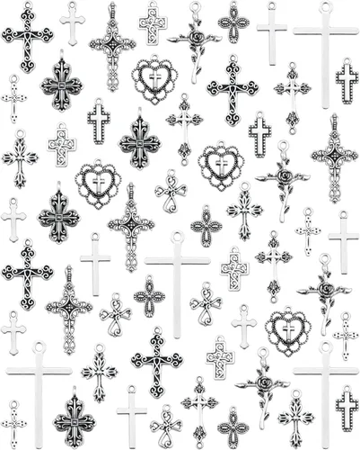 60 piezas de dijes de cruz de plata antigua, conector de crucifijo de aleación para collares, pulseras, aretes, elaboración de joyas (15 estilos)