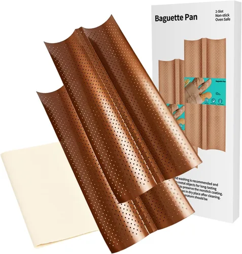 Juego de 2 sartenes para baguette con paño de prueba, antiadherente de 2 ranuras para pan francés para baguette casero, bandeja de bronce vintage de