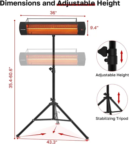 Miniatura 5 de ThermoMate Calentador Infrarrojo de Patio para Exteriores con Trípode, Eléctrico 1500W IP65 Impermeable con Control Remoto, 3 Niveles de Calefacción