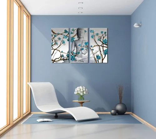 Miniatura 3 de Visual Art Decor 3 piezas de arte de pared de Buda estatua de Buda con flores azules abstractas, impresiones en lienzo para sala de estar