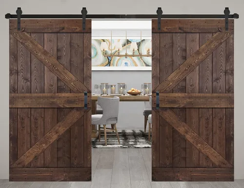 Miniatura 41 de Serie K de 60 x 84 pulgadas (30 x 84 pulgadas x 2 paneles) Puerta corredera clásica de madera maciza con acabado de nogal con riel de herrajes