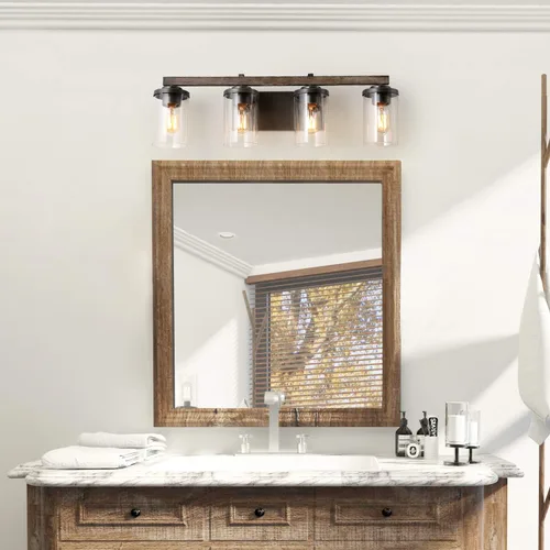 Miniatura 2 de LOG BARN Lámparas rústicas de baño, 2 luces de tocador de granja para baño con pantalla de vidrio texturizado transparente, luces de iluminación