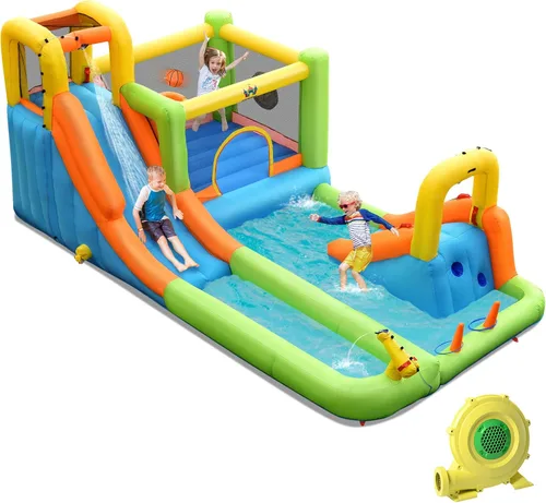 Miniatura 8 de BOUNTECH Tobogán acuático inflable, 7 en 1 doble tobogán para niños, parque acuático para niños, toboganes de agua inflables para exteriores
