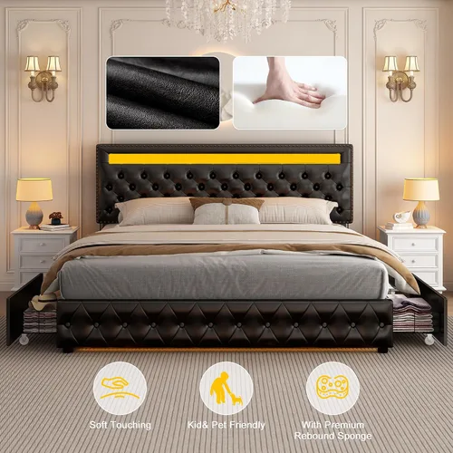 Miniatura 5 de GEGOFORU Marco de Cama LED King con 4 Cajones de Almacenamiento, con Control Inteligente de Luces LED RGBW en Cabecero y Piecero, Control