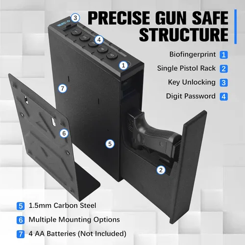 Miniatura 2 de Slider Biometric Pistol Safe 3 maneras de acceso rápido con huella dactilar/teclado/cerradura de llave para mesita de noche cama escritorio
