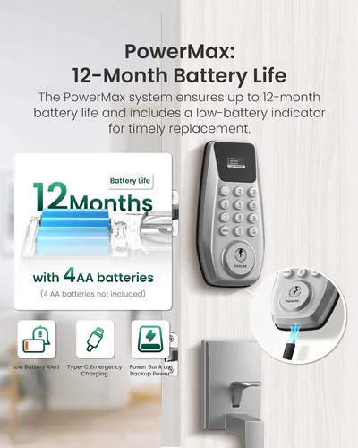 Miniatura 5 de DESLOC C100 - Cerradura de puerta de entrada sin llave con asa, cerradura inteligente para puerta delantera con 2 llaves, bloqueo automático, 100