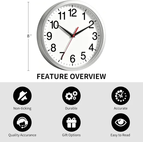 Miniatura 3 de Rohioue Reloj de pared moderno de 8 pulgadas, silencioso, sin tictac, pequeño reloj analógico a batería, decorativo para sala de estar, oficina