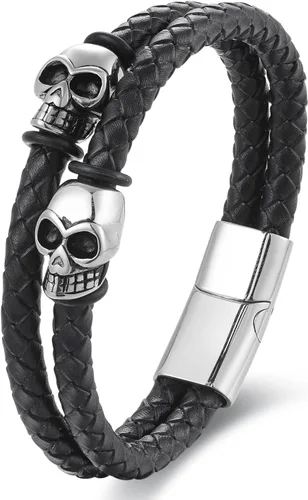 Miniatura 6 de Pulsera de cuero trenzado negro para hombre, acero inoxidable, dos encantos de calavera, gótica
