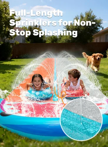 Miniatura 4 de Sloosh Toboganes acuáticos con 2 tablas inflables, tobogán de agua de doble carril de 22.5 pies con rociadores avanzados, juguete de verano