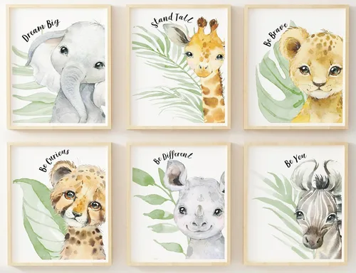 Láminas de arte de pared de animales de safari para bebés - Decoración de guardería - Juego de 6-8x10 - Imágenes de habitación de guardería de la