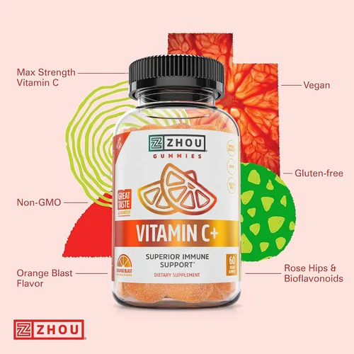 Miniatura 5 de Zhou Gomitas de vitamina C + - Gomitas de vitamina C para adultos y niños, 270 mg por gomita con bioflavinoides y acerola para apoyo inmunológico
