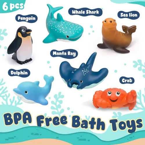 Miniatura 2 de 6 juguetes de baño oceánico para niños pequeños de 6 meses, sin hoyos, juguetes de bañera sin moho, ballena, tiburón, delfín, pingüino, juego