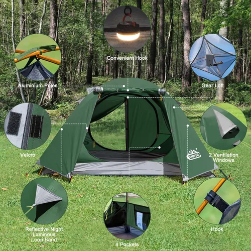 Miniatura 7 de Carpa de mochilero Camppal de 2-3 personas con puerta doble y 2 vestíbulos, impermeable, a prueba de viento, ligera, fácil de montar, para 3