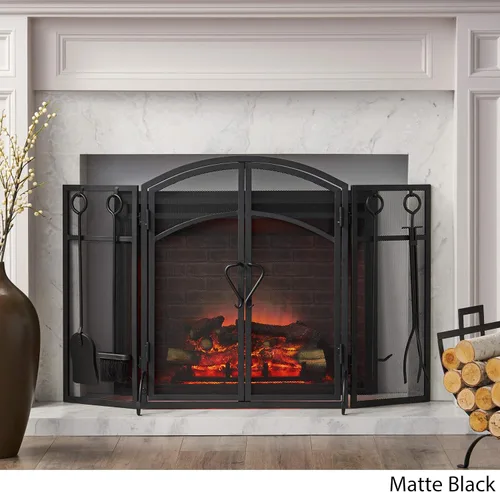 Miniatura 3 de Christopher Knight Home Darlene - Pantalla plegable de hierro moderno para chimenea con puerta y herramientas, color negro mate