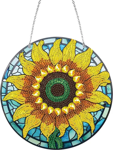 LUSandy Kit de pintura de diamante de girasol grande 5D para bricolaje, letrero de arte de pared, diseño de girasol, diamante, atrapasoles, ventana,