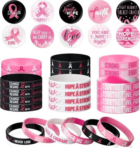 60 accesorios de concientización sobre el cáncer de mama, incluyen 30 pulseras de silicona de cinta rosa y negra, pulsera de goma y 30 insignias de
