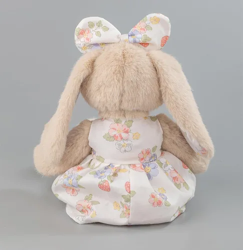 Miniatura 4 de Conejito de peluche de 14 pulgadas, conejo beige con vestido floral de fresa y lazo, regalo de conejo de Pascua suave para niñas, decoración