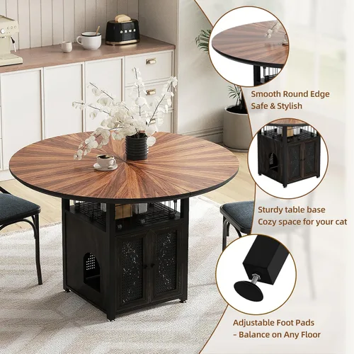 Miniatura 2 de Juego de mesa de comedor redonda de 47 pulgadas para 4-6 personas, juego de mesa de comedor grande de cocina estilo granja con sillas y estante