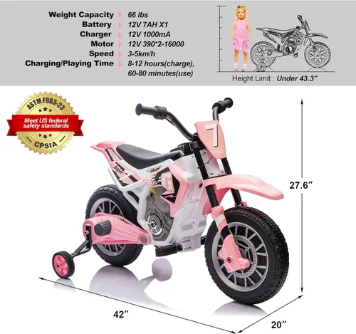 Miniatura 6 de JOYLDIAS Motocicleta de cross para niños, 12V7AH con batería, motocicleta para niños, bicicleta de calle todoterreno con música, ruedas de Rosa