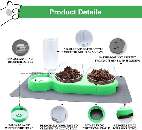 Miniatura 2 de Cuencos triples para gatos con dispensador de agua, juego de cuencos para agua y alimentos para mascotas con alfombrilla antideslizante, cuencos