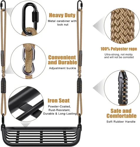 Miniatura 5 de SELEWARE Asiento de columpio de estructura de metal de 17 pulgadas con cuerda ajustable y conexión rápida, accesorios de repuesto para niños