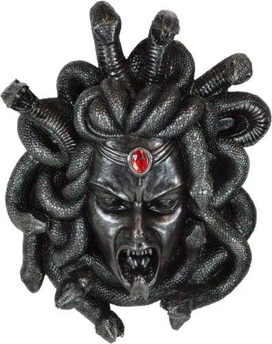Ebros Mitología griega Gorgona Diosa Medusa Cabeza con pelo de serpientes y frasco rojo de gema de sangre Decoración de pared Estatua de 16 pulgadas