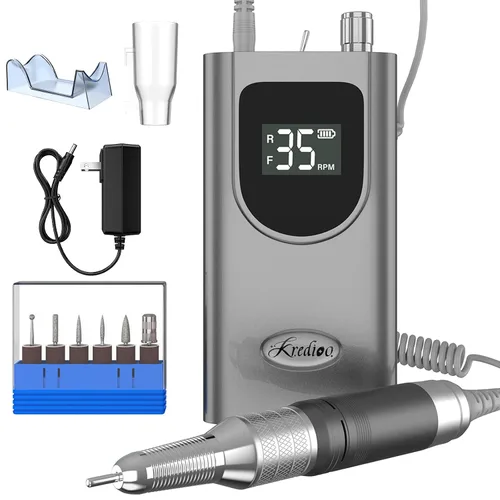 Kredioo Taladro de uñas eléctrico profesional de 35000 rpm, máquina Efile portátil recargable, kit de 6 puntas para quitar uñas de gel acrílico, Gris