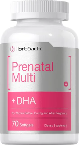 Horbäach Multivitamínico prenatal para mujer con DHA, hierro y ácido fólico, 70 cápsulas blandas, sin OMG y sin gluten