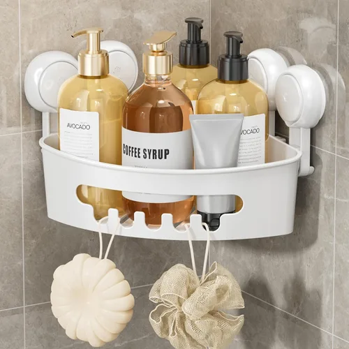 Miniatura 15 de LEVERLOC Organizador esquinero para ducha con ventosa, cesta de ducha potente con ventosa, organizador impermeable y resistente al óxido