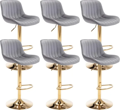 Miniatura 9 de Juego de 4 taburetes de bar giratorios de terciopelo con respaldo y reposapiés, sillas de bar doradas modernas ajustables para isla de cocina, bar