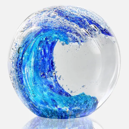 Pisapapeles grande de vidrio de ola oceánica de 3.15 pulgadas, figuras de vidrio de mar sopladas a mano, decoración de olas azules, regalos