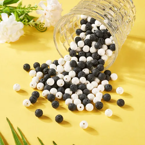 Miniatura 7 de Craftdady 360 cuentas de lava natural de 0.315 pulgadas (0.315 in), cuentas redondas de piedra blanca y negra, cuentas espaciadoras sueltas