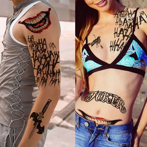 Miniatura 6 de GOROMON Juego de 6 hojas de tatuajes temporales de The Joker para Halloween, calcomanías de tatuajes de bromista de escuadrón suicida para mujeres