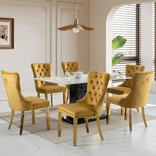 Miniatura 37 de SoarFlash Juego de 2 sillas de comedor de tela de lino, sillas de comedor tapizadas con ribete de cabeza de clavo y patas de madera de color claro