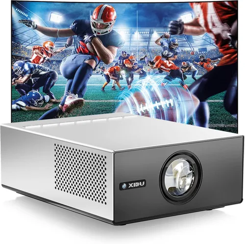 XIDU Proyector de cine en casa portátil plateado con carcasa de metal, proyector de película compatible con HD de 1080P para dormitorio, sala de
